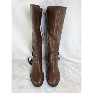 Madixe Women's Brown Faux Leather Knee High Boots Side Buckle Zip Size 9M